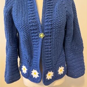 Blue Crochet Cardigan with Floral Accents